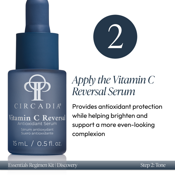 Close-up of Circadia Vitamin C Reversal Antioxidant Serum bottle with instructions to apply serum for antioxidant protection and brightening, part of the Discovery Essentials Kit | Circadia skincare routine.