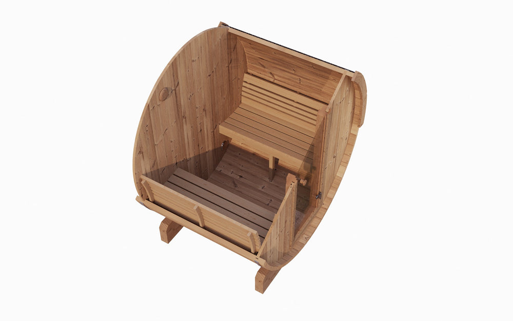 E6 Sauna Barrel - 2-4 Person | Western Sol, crafted from natural wood with a curved design, featuring a glass door and shingled roof for a cozy wellness spa experience.