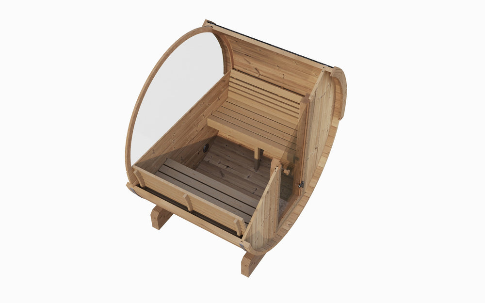 E6W Barrel Sauna - 3 Person | Western Sol wooden barrel sauna with glass door and black shingled roof, designed for wellness and relaxation in a compact, stylish structure.