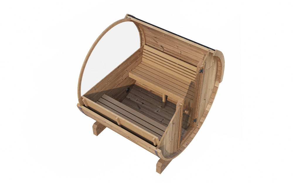 E7W Barrel Sauna - 4 Person | Western Sol features a rounded wooden barrel design with a glass door and shingled roof, designed for relaxation and wellness at home.