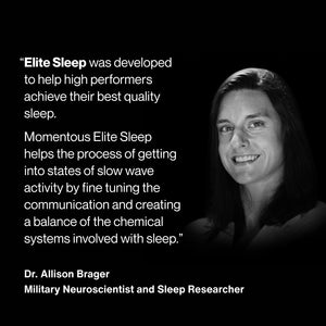 Black and white portrait of a smiling woman alongside a quote explaining that Elite Sleep helps high performers achieve quality sleep by enhancing slow wave activity and balancing chemical systems.