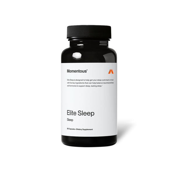 A black bottle with a white label for Elite Sleep dietary supplement by Momentous, designed to support deep, lasting sleep through balanced neurotransmitters and hormones.