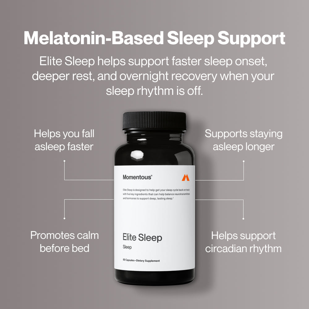 A black bottle with a white label for Elite Sleep dietary supplement by Momentous, designed to support deep, lasting sleep through balanced neurotransmitters and hormones.