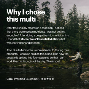 Testimonial text about choosing Multivitamin with background of a person fly fishing in a peaceful forest river setting conveying wellness and balance.