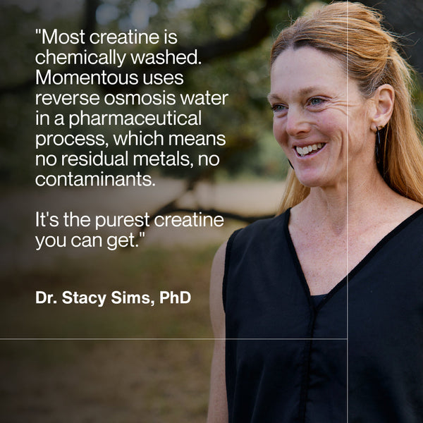 Smiling woman standing outdoors with text overlay explaining that Momentous uses reverse osmosis water in a pharmaceutical process for pure creatine without contaminants, promoting Creatine Chews 150-Count.