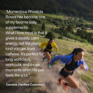 Testimonial quote about Rhodiola Rosea providing steady, calm energy ideal for long workdays, workouts, and stressful moments, with a blurred background of two people running uphill on a trail.