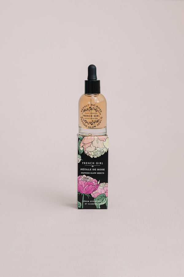 Peptide Glow Serum | French Girl in a clear dropper bottle with a floral-decorated box, designed for skincare and enhancing natural radiance.