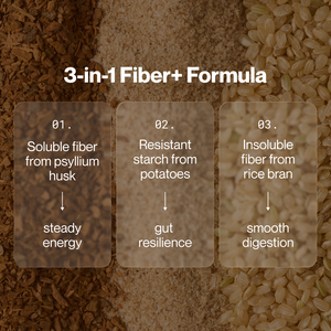 3-in-1 Fiber+ Formula for Fiber+ 10-Travel Packs highlighting soluble fiber from psyllium husk for steady energy, resistant starch from potatoes for gut resilience, and insoluble fiber from rice bran for smooth digestion.