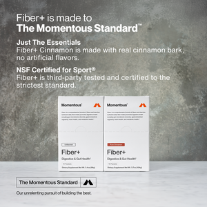 Two white Fiber+ 10-Travel Packs boxes displayed on a gray surface, highlighting cinnamon bark ingredients and NSF Certified for Sport certification for digestive and gut health supplements.