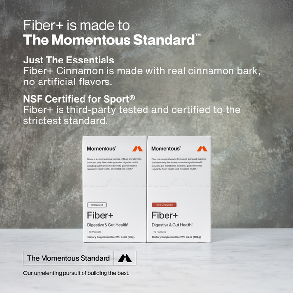 Two white Fiber+ 10-Travel Packs boxes displayed on a gray surface, highlighting cinnamon bark ingredients and NSF Certified for Sport certification for digestive and gut health supplements.