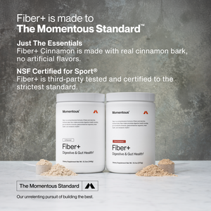Two white containers of Fiber+ dietary supplement for digestive and gut health with powdered supplement piles on a marble surface and text highlighting real cinnamon bark ingredients and NSF Certified for Sport certification.