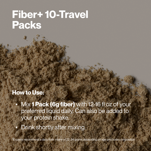 Light brown powdered fiber supplement displayed with usage instructions for Fiber+ 10-Travel Packs, a wellness supplement to mix with liquids or protein shakes daily.