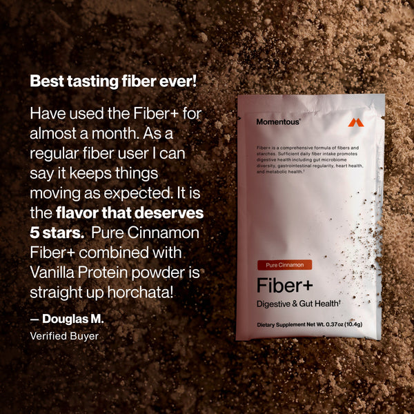 Fiber+ 10-Travel Packs Pure Cinnamon dietary supplement packet on a textured cinnamon powder background with a customer testimonial highlighting flavor and digestive health benefits.