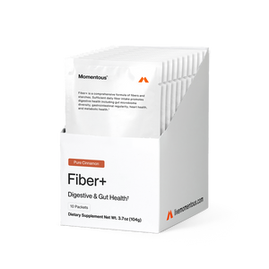 Box of Fiber+ 10-Travel Packs dietary supplements in pure cinnamon flavor, designed to support digestive and gut health with a white and orange minimalist packaging.