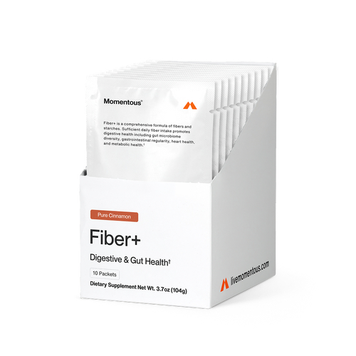 Box of Fiber+ 10-Travel Packs dietary supplements in pure cinnamon flavor, designed to support digestive and gut health with a white and orange minimalist packaging.