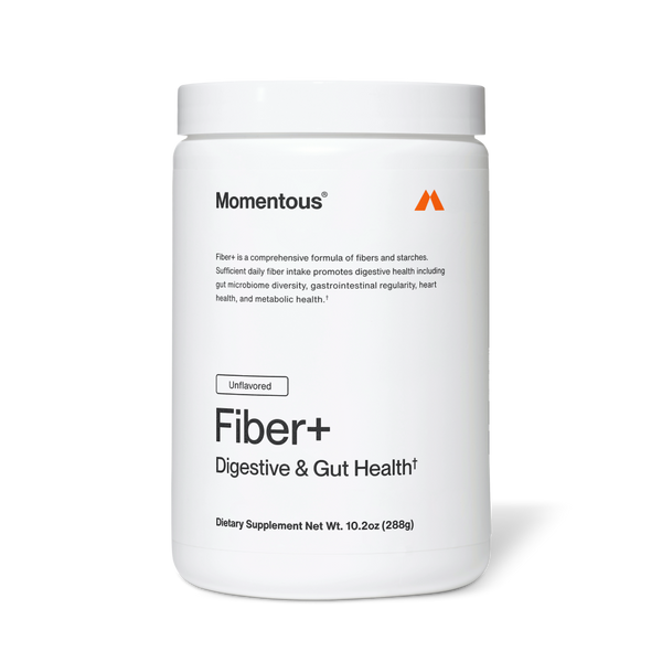 Container of Fiber+ dietary supplement by Momentous, promoting digestive and gut health with a comprehensive fiber formula, unflavored for wellness and metabolic support.