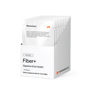 Fiber+ 10-Travel Packs dietary supplement in unflavored packets, designed to support digestive and gut health with a blend of fibers and starches for wellness.