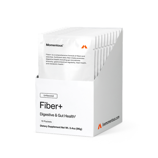 Fiber+ 10-Travel Packs dietary supplement in unflavored packets, designed to support digestive and gut health with a blend of fibers and starches for wellness.