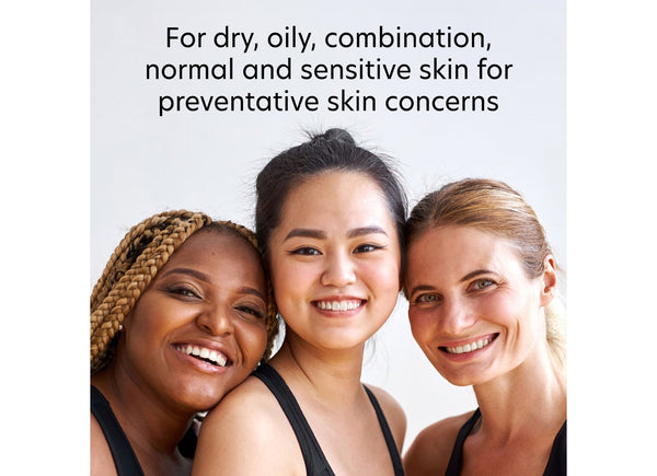 Three diverse women smiling together representing various skin types for ProMax Age Renewal | PCA Skin skincare product targeting preventative skin concerns.