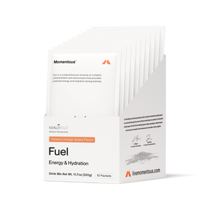 Box of Fuel 10-Travel Packs featuring Passion Orange Guava Flavor drink mix packets for energy and hydration, designed for sustained training support in wellness supplements.