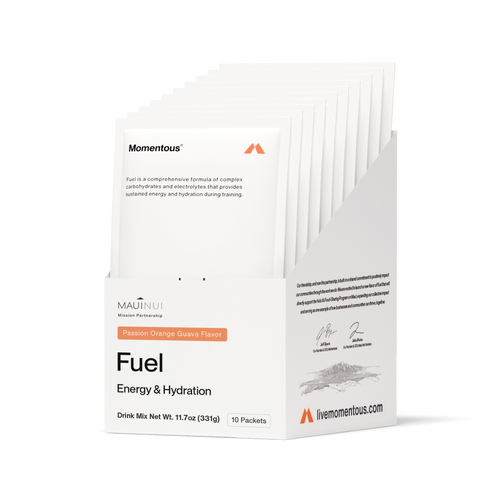 Box of Fuel 10-Travel Packs featuring Passion Orange Guava Flavor drink mix packets for energy and hydration, designed for sustained training support in wellness supplements.