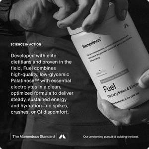 Fuel wellness supplement bottle held in hands with messaging about electrolytes hydration and sustained energy from low glycemic Palatinose