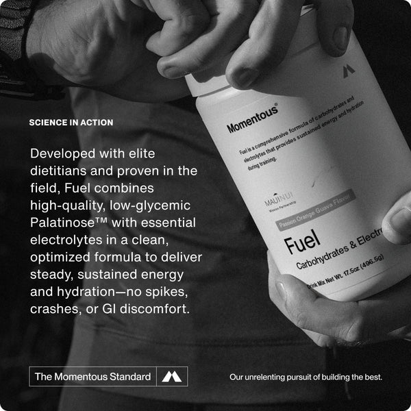 Fuel wellness supplement bottle held in hands with messaging about electrolytes hydration and sustained energy from low glycemic Palatinose