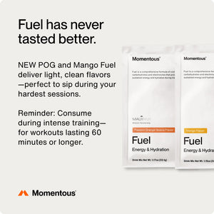 Two white packets of Fuel 10-Travel Packs in Passion Orange Guava and Mango flavors, promoting energy and hydration with light, clean flavors for intense training sessions.