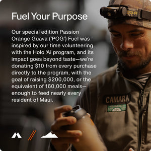Man wearing a headlamp holding a bottle, next to text explaining that Fuel 10-Travel Packs’ special edition Passion Orange Guava Fuel supports the Holo ‘Ai program with donations to help feed Maui residents.