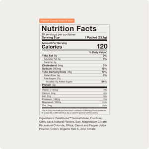Nutrition facts label for Fuel 10-Travel Packs in Passion Orange Guava flavor showing 120 calories per serving, 28g total carbohydrates, 27g sugars, and key minerals like potassium, magnesium, and zinc.