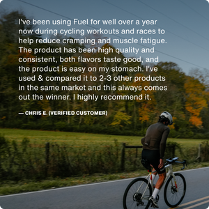 Customer testimonial praising Fuel 10-Travel Packs for reducing cramping and muscle fatigue during cycling, highlighting its high quality, good flavors, and gentle effect on the stomach.