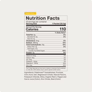 Nutrition facts label for Fuel 10-Travel Packs mango flavor showing 110 calories per serving, 27g total sugars, 280mg sodium, 140mg potassium, and 100mg magnesium, with ingredients listed below.