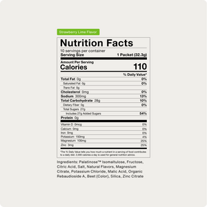 Nutrition facts label for Fuel 10-Travel Packs in strawberry lime flavor showing 110 calories per serving, zero fat, 300mg sodium, 28g carbohydrates, and 0g protein with vitamin and mineral details.