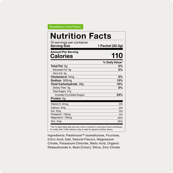 Nutrition facts label for Fuel 10-Travel Packs in strawberry lime flavor showing 110 calories per serving, zero fat, 300mg sodium, 28g carbohydrates, and 0g protein with vitamin and mineral details.