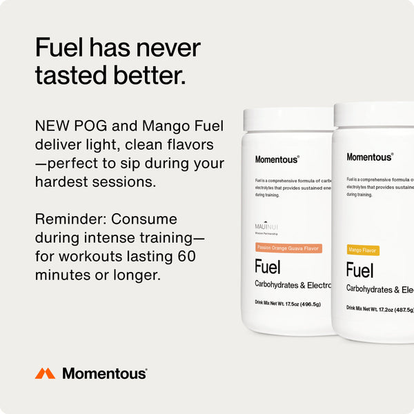 Two containers of Fuel by Momentous in Passion Orange Guava and Mango flavors, designed as carbohydrates and electrolyte supplements for intense training sessions.