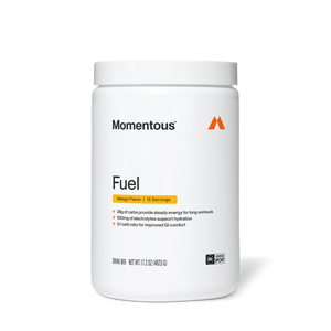 Fuel white container with black and orange labeling marked Mango Flavor and 15 Servings against a plain background