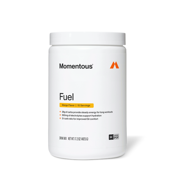Fuel white container with black and orange labeling marked Mango Flavor and 15 Servings against a plain background