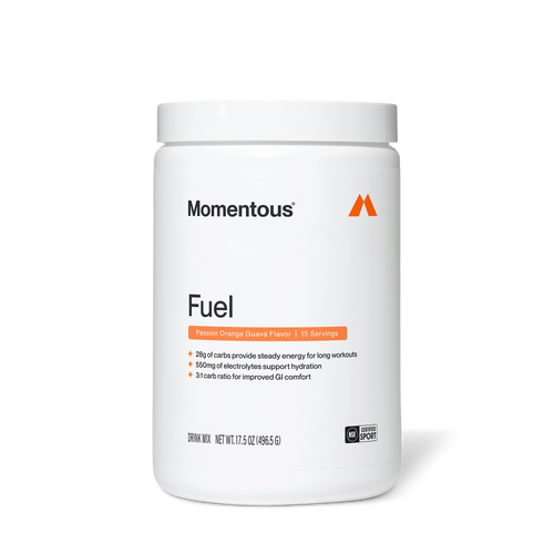 Fuel wellness supplement powder container with Passion Orange Guava flavor for workout energy and endurance support
