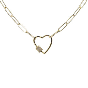 Heart Link Gold Paperclip Chain Necklace (18" / White Crystal Studded) | Love You More featuring a delicate gold paperclip chain with a heart-shaped link accented by white crystal studs.