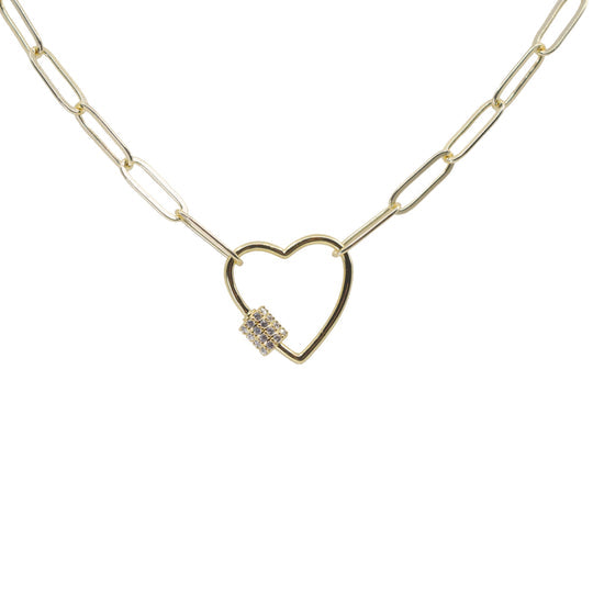 Heart Link Gold Paperclip Chain Necklace (18" / White Crystal Studded) | Love You More featuring a delicate gold paperclip chain with a heart-shaped link accented by white crystal studs.