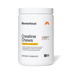 White container of Creatine Chews 150-Count dietary supplement with mango flavor, featuring chewable tablets designed to support cognitive and muscle performance.