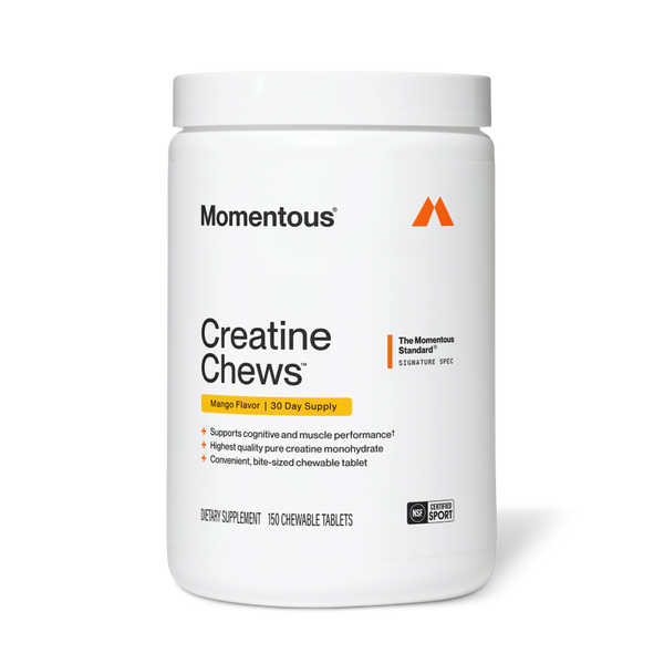 White container of Creatine Chews 150-Count dietary supplement with mango flavor, featuring chewable tablets designed to support cognitive and muscle performance.