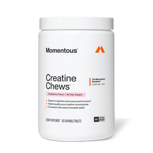 White container of Creatine Chews 150-Count dietary supplement with strawberry flavor, highlighting support for cognitive and muscle performance, and featuring bite-sized chewable tablets.