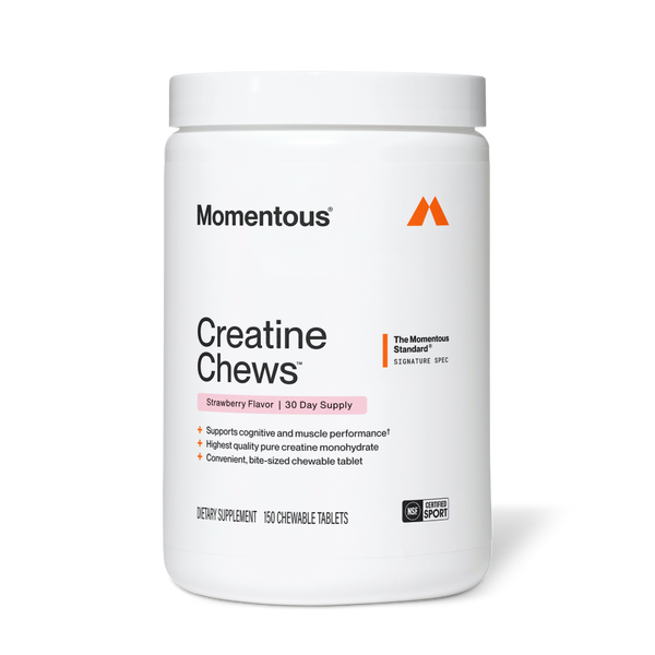 White container of Creatine Chews 150-Count dietary supplement with strawberry flavor, highlighting support for cognitive and muscle performance, and featuring bite-sized chewable tablets.