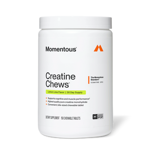 White container of Creatine Chews 150-Count dietary supplement by Momentous, featuring lemon lime flavor and highlighting cognitive and muscle performance support, placed on a white background.