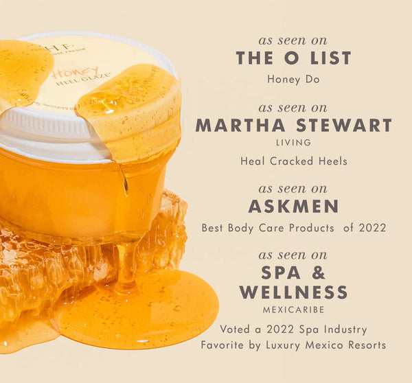 Close-up of a jar with honey-colored balm dripping onto honeycomb, highlighting the Fast Foot Revival Pedi Delight Sampler | Farmhouse Fresh praised for skincare and body care on notable wellness and lifestyle lists.