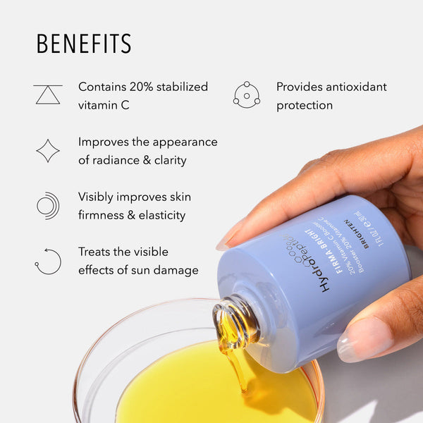 Hand pouring yellow liquid from a blue Firma-Bright | HydroPeptide skincare bottle into a glass dish with text describing benefits including vitamin C, antioxidant protection, improved radiance, skin firmness, and sun damage treatment.