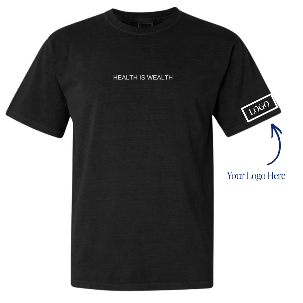 Unisex Health Is Wealth T-Shirt - Private Label | Lucky Owl black shirt with Health is Wealth lettering and Your Logo Here placement graphic on the sleeve