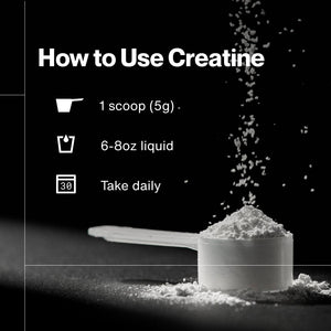 Instructional graphic showing how to use Creatine - 90 Servings with one scoop (5g), mixed with 6-8 oz of liquid, taken daily for wellness supplement use.