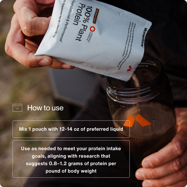 Person pouring 100% Plant Protein 10-Travel Packs powder into a blender bottle with usage instructions for mixing with 12-14 oz of liquid and recommended protein intake guidance.